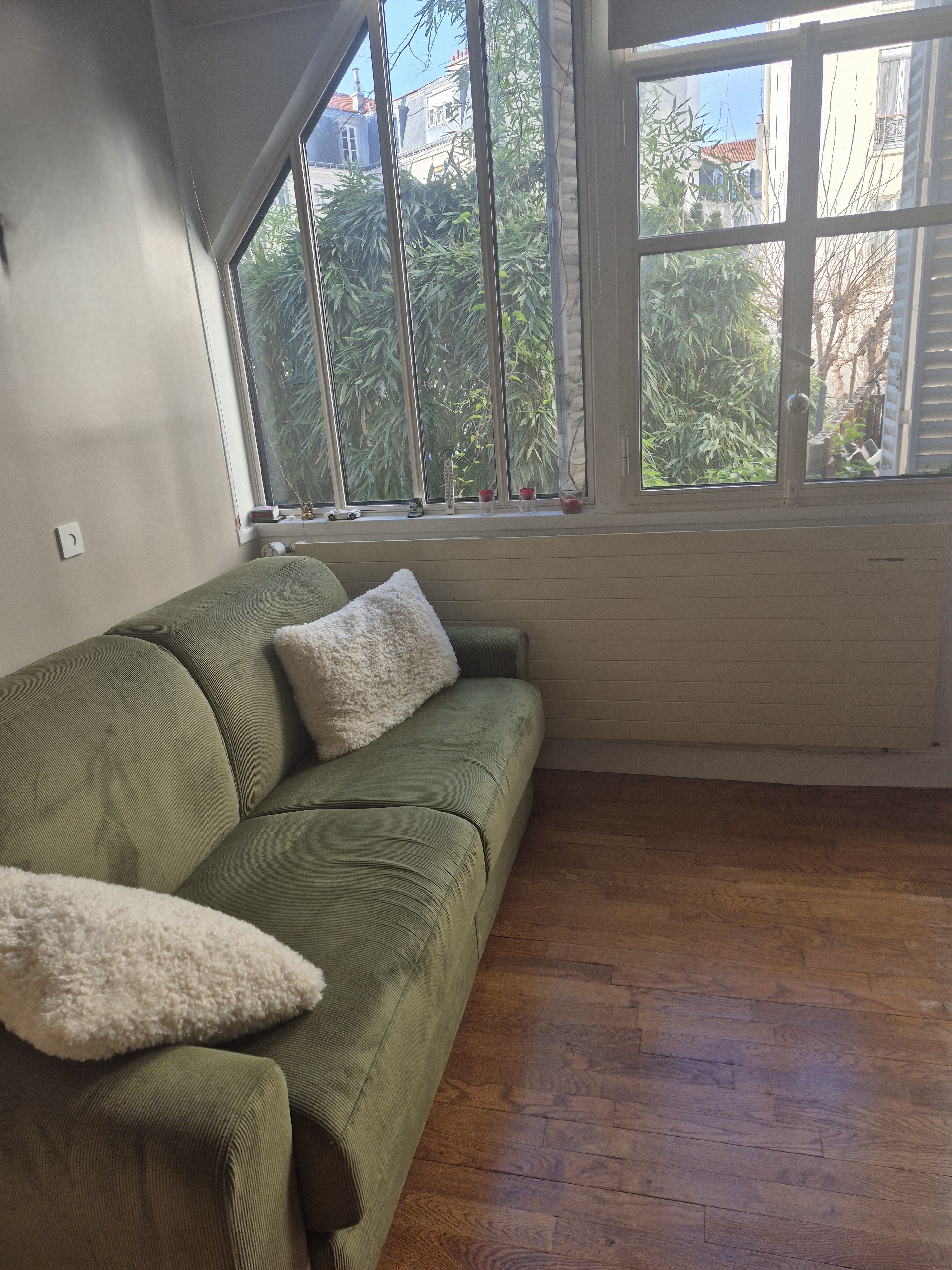 Cabinet de sophrologie Paris 11 - canapé vert et fenêtre lumineuse