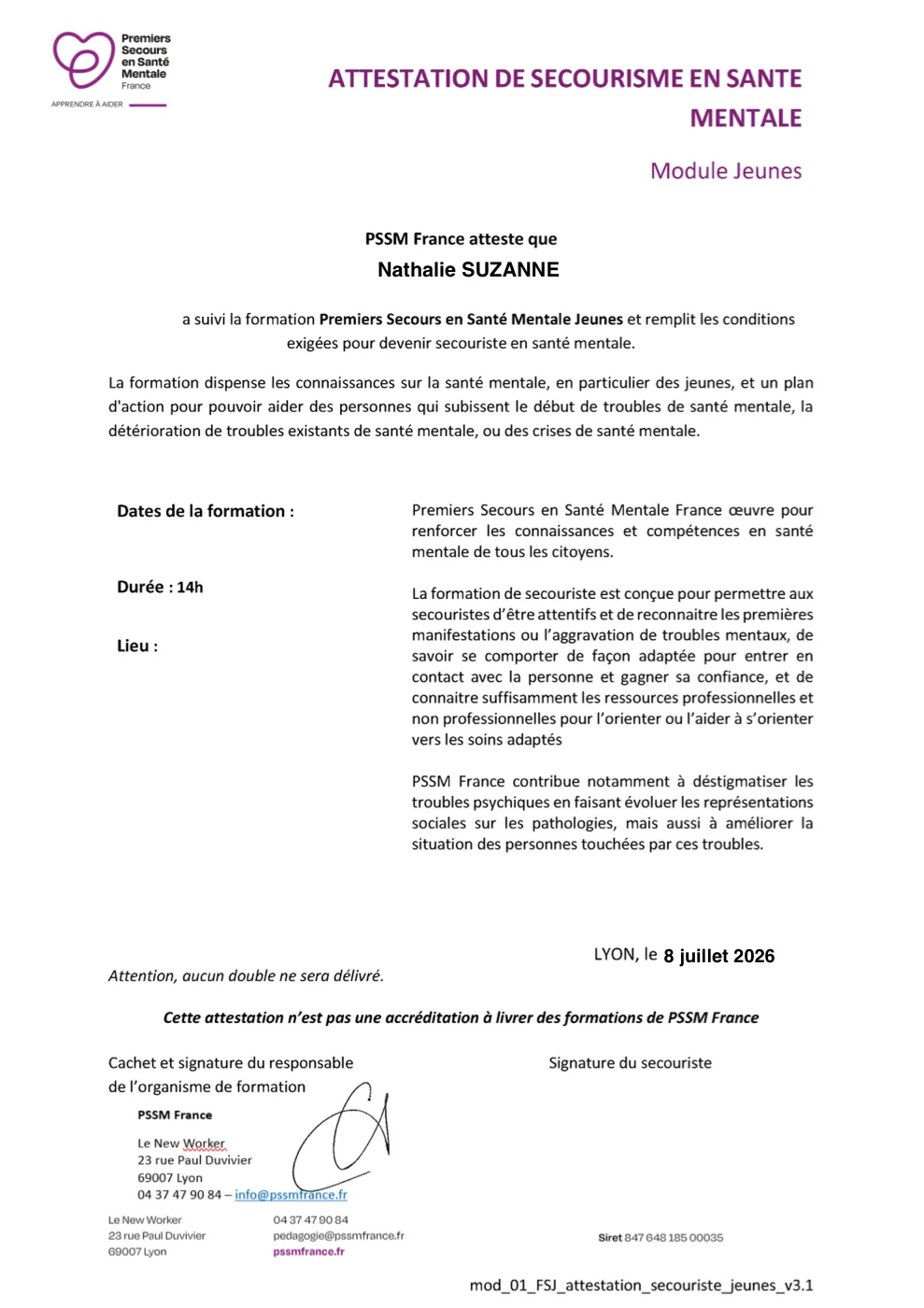 Attestation de Secouriste PSSM Jeunes – Premiers Secours en Santé Mentale