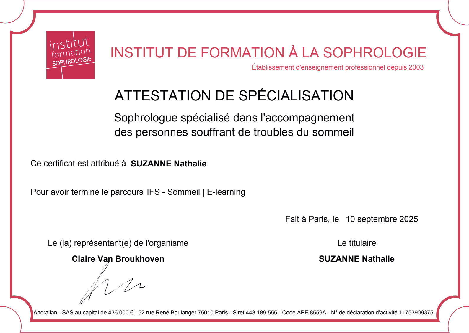 Diplômes de sophrologie Nathalie Suzanne