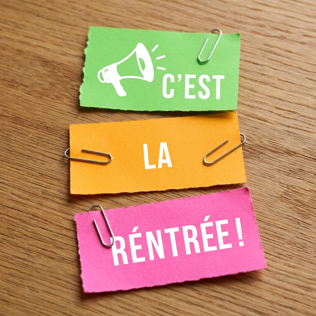 Des pinces à dessin sur des papiers colorés avec écrit C'est la rentrée sur un fond en bois